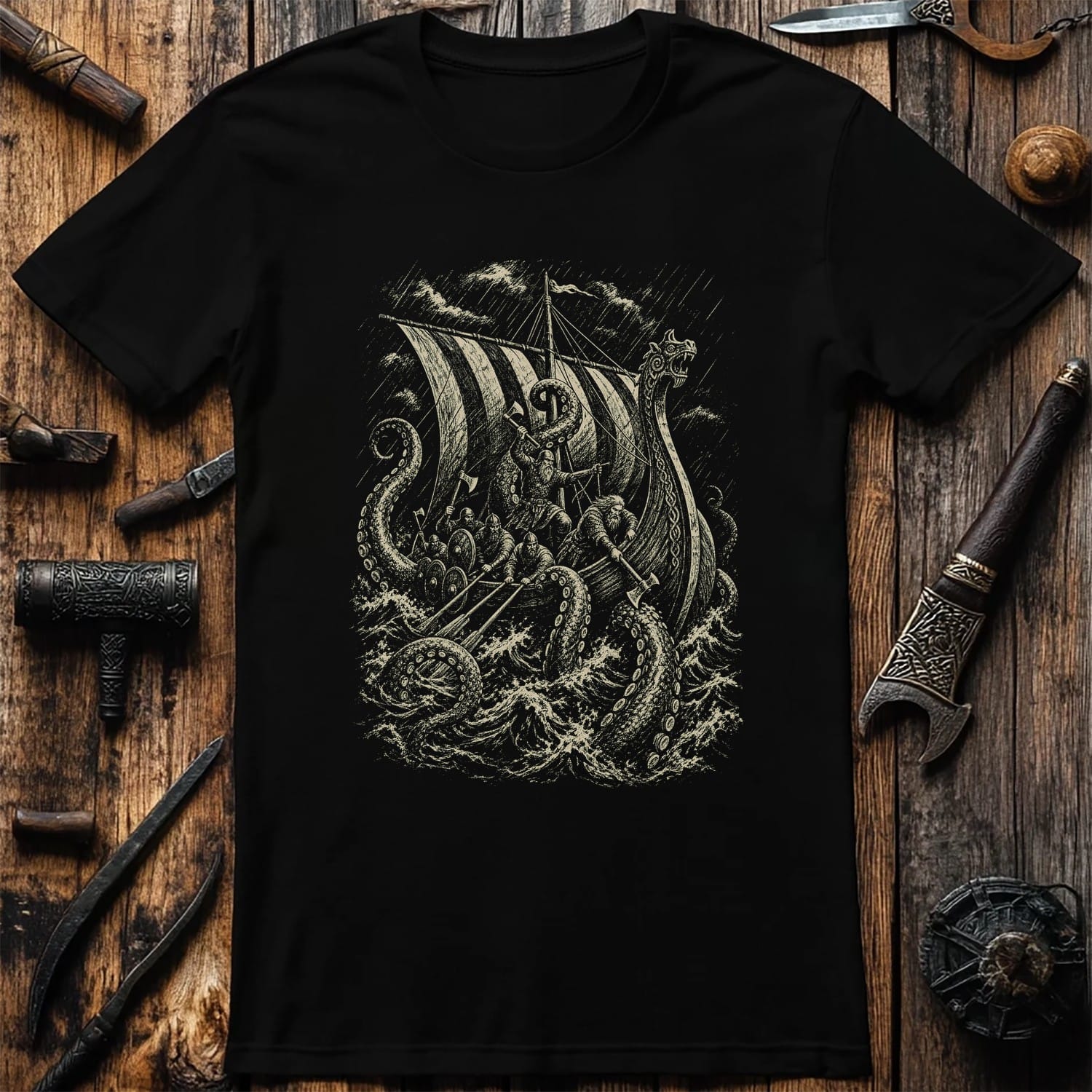 Kraken Takes The Longship Viking T-Shirt US
