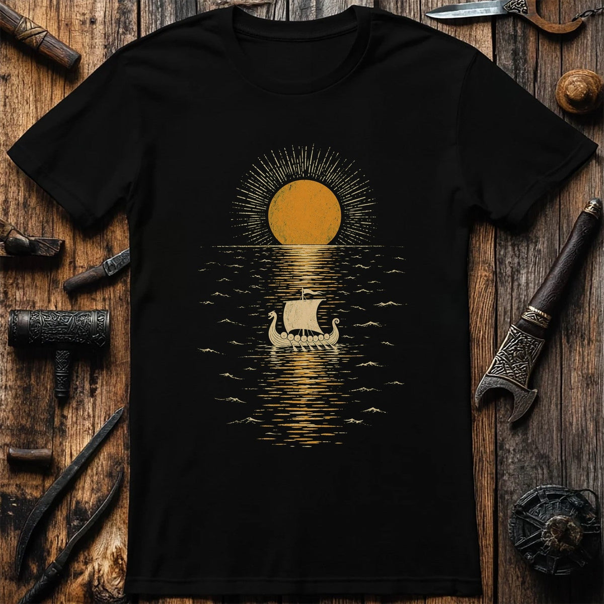 Midnight Sun Mirror Sea Viking T-Shirt US