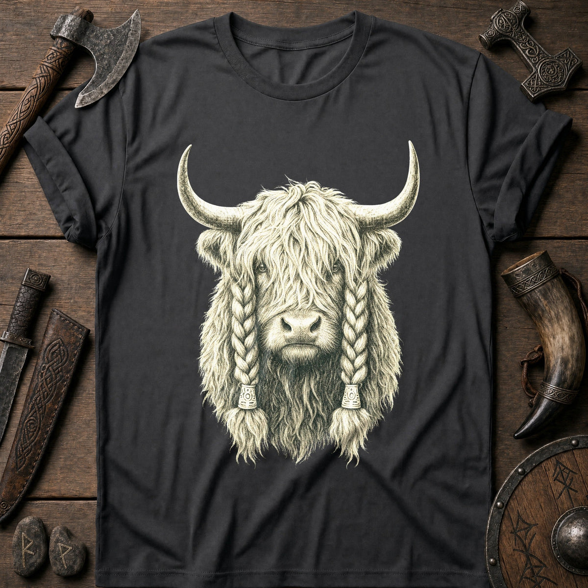 Highland Cow War Braids Viking T-Shirt US