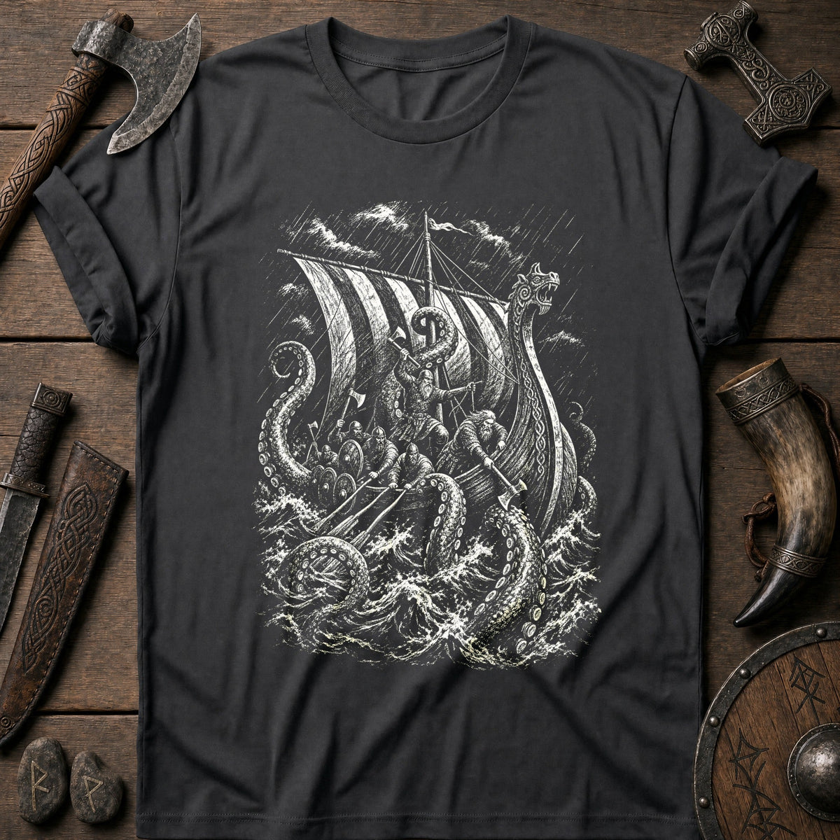 Kraken Takes The Longship Viking T-Shirt US