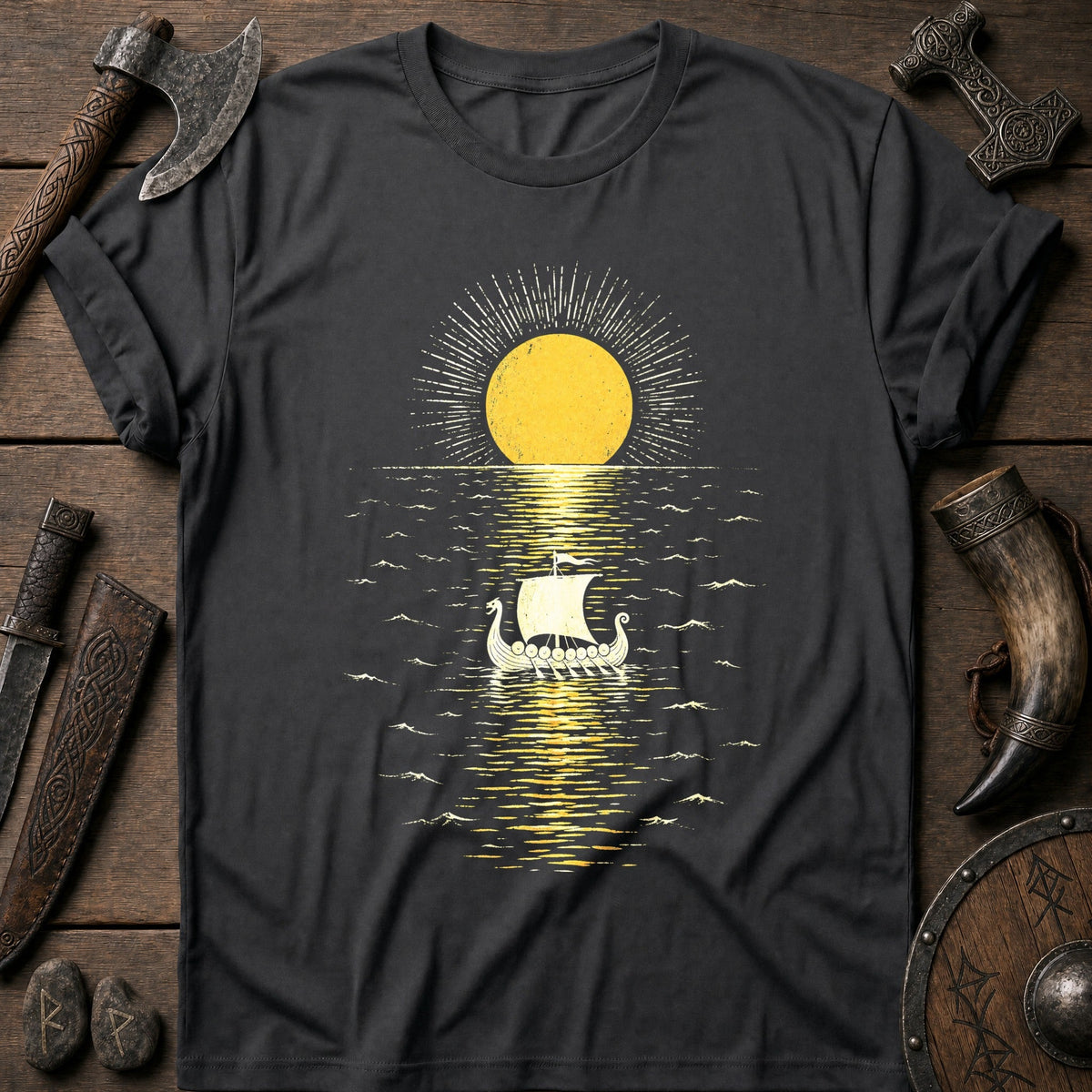 Midnight Sun Mirror Sea Viking T-Shirt US