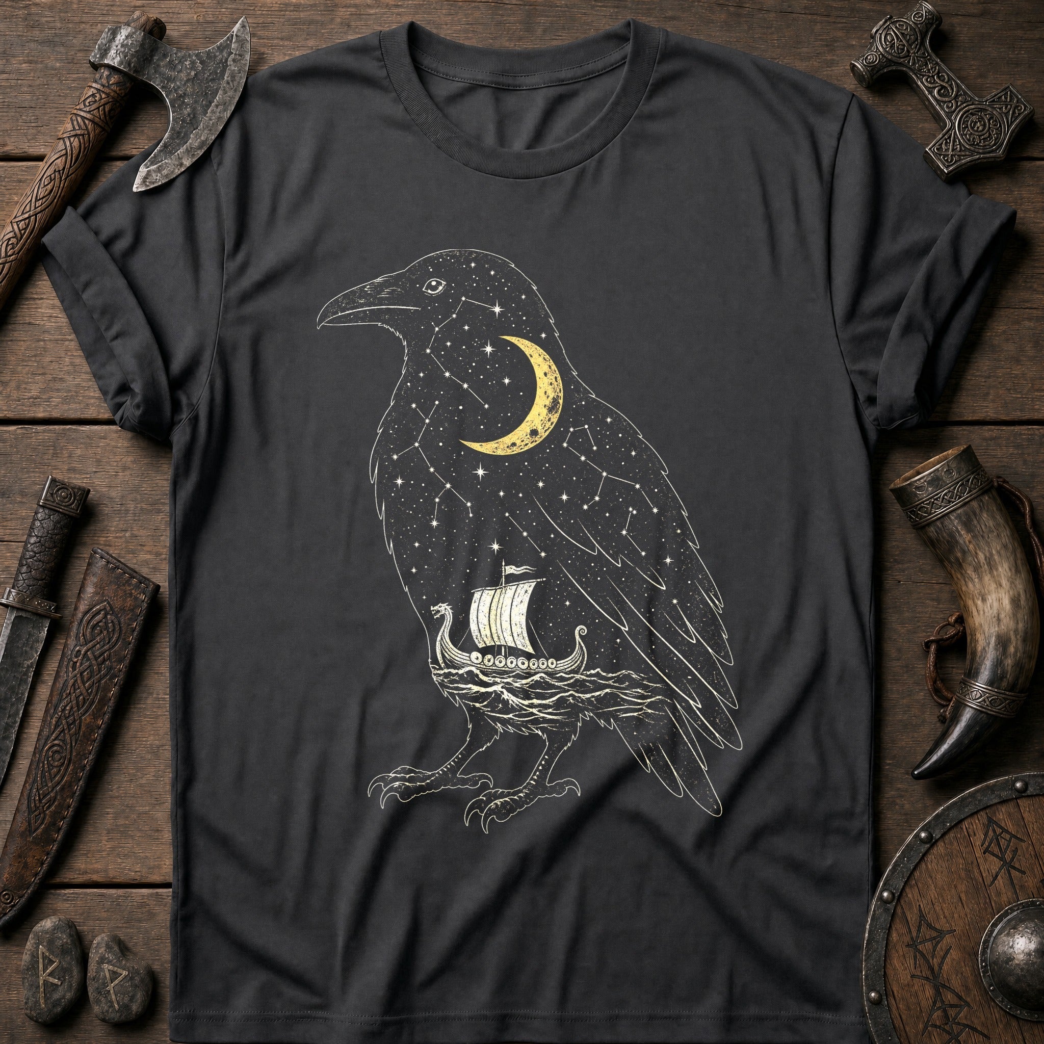 Raven Filled With Night Sky Viking T-Shirt US