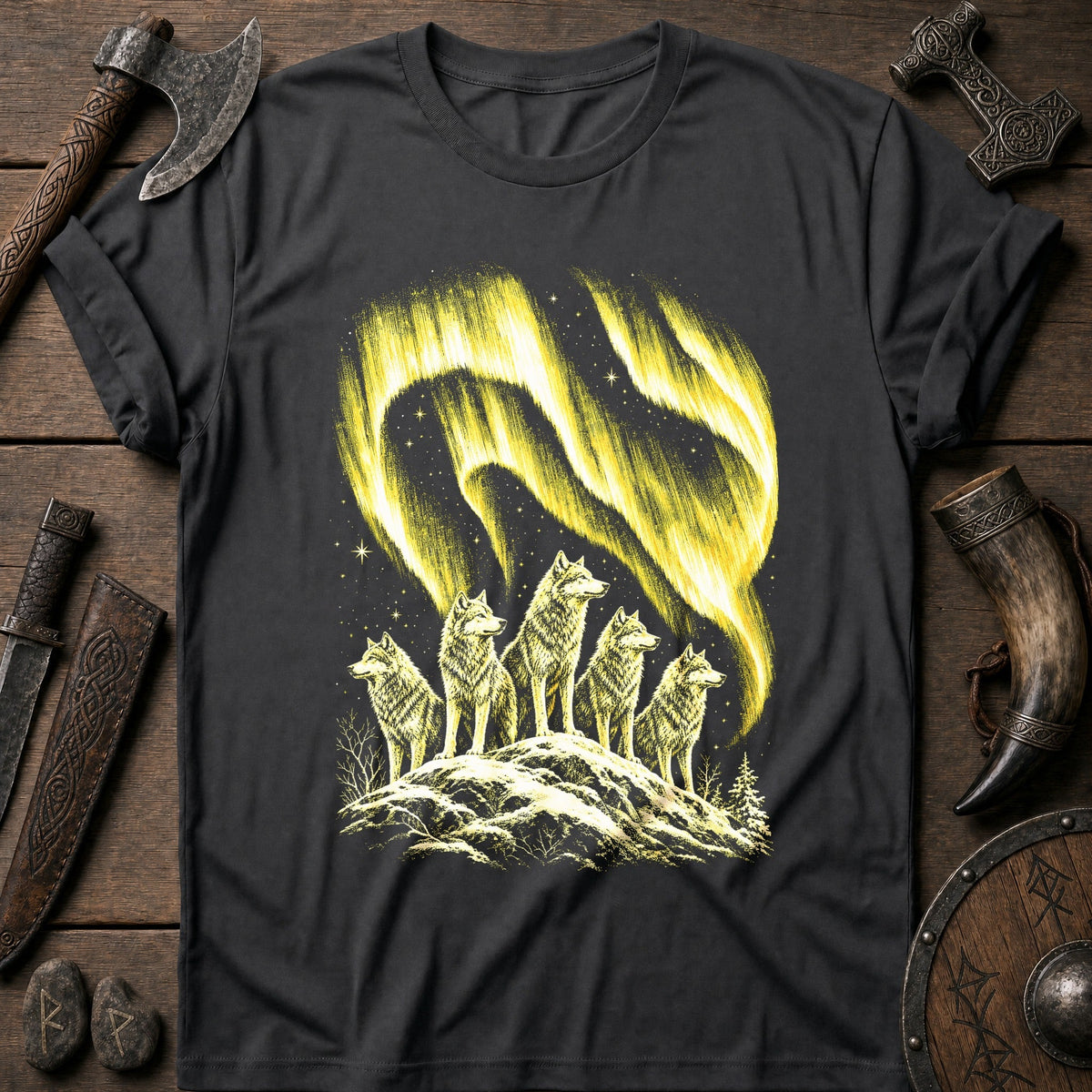 Wolfpack Under Amber Aurora Viking T-Shirt US