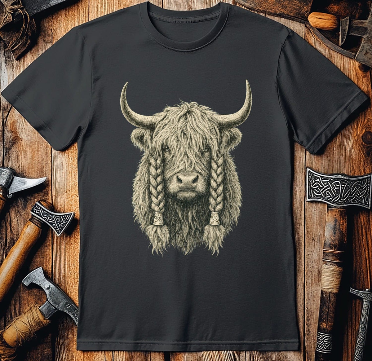 Highland Cow War Braids Viking T-Shirt EU