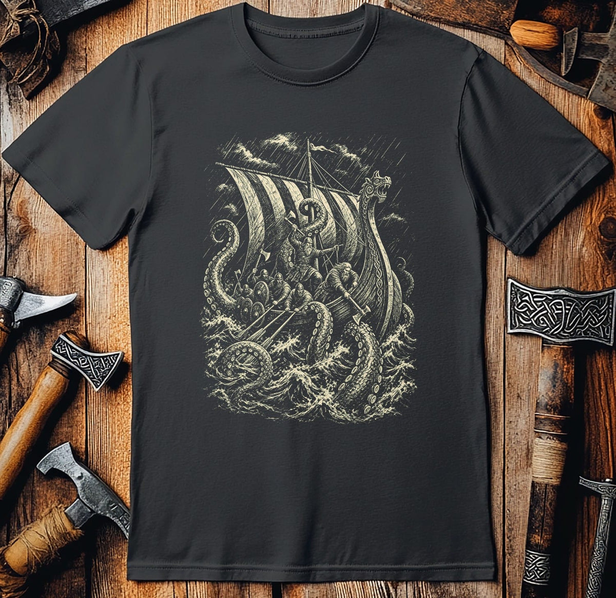 Kraken Takes The Longship Viking T-Shirt US