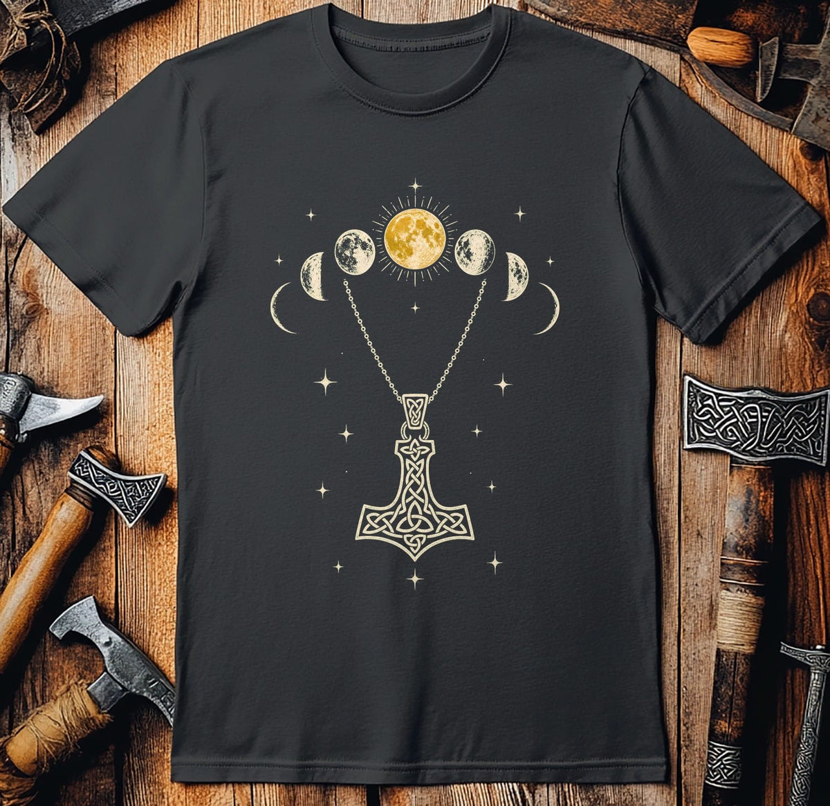 Moon Phases Over Mjolnir Viking T-Shirt EU