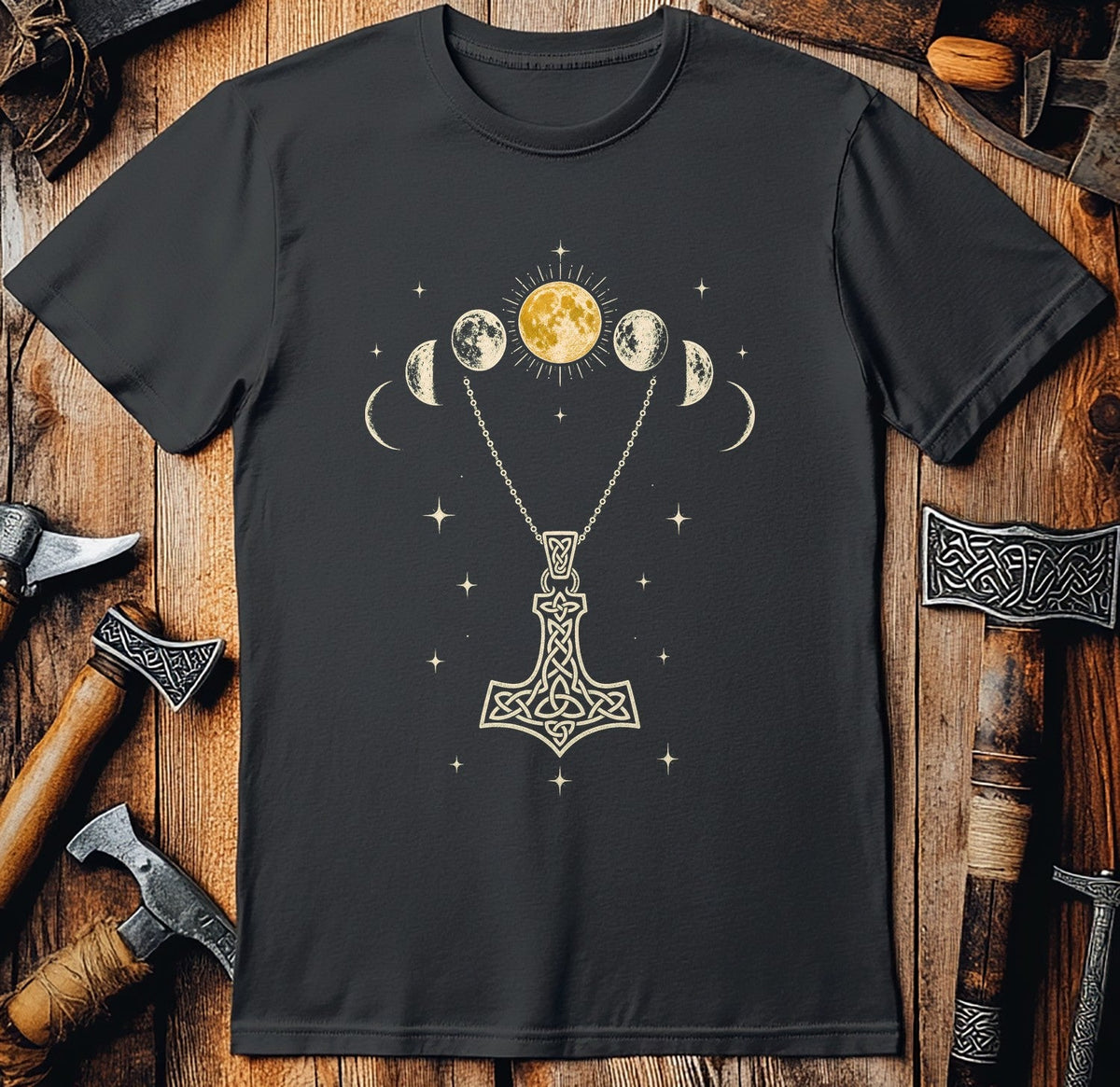 Moon Phases Over Mjolnir Viking T-Shirt US