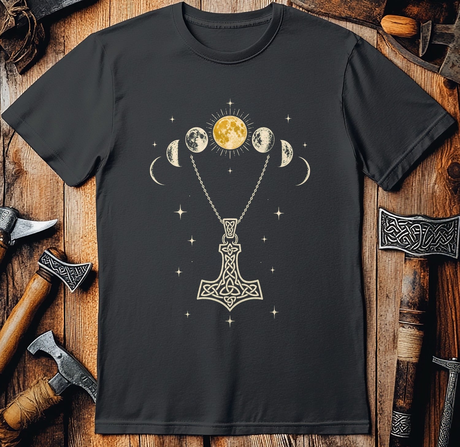 Moon Phases Over Mjolnir Viking T-Shirt US