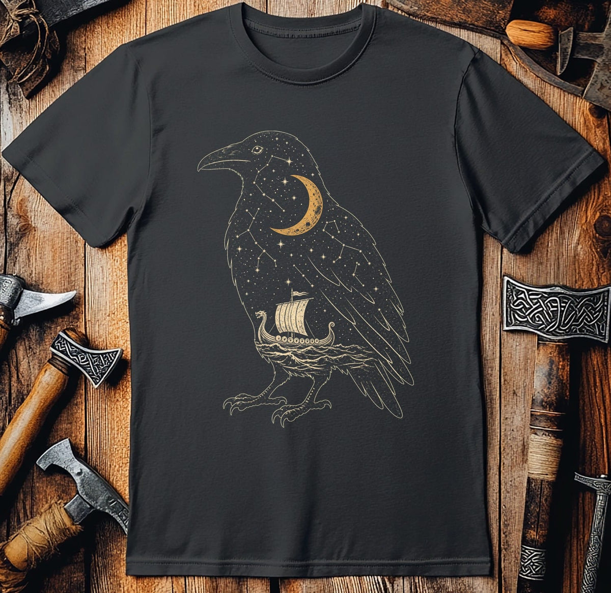 Raven Filled With Night Sky Viking T-Shirt US