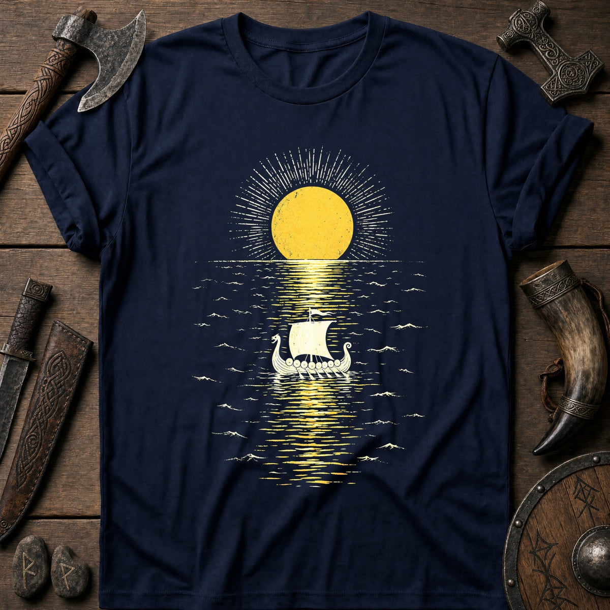 Midnight Sun Mirror Sea Viking T-Shirt US