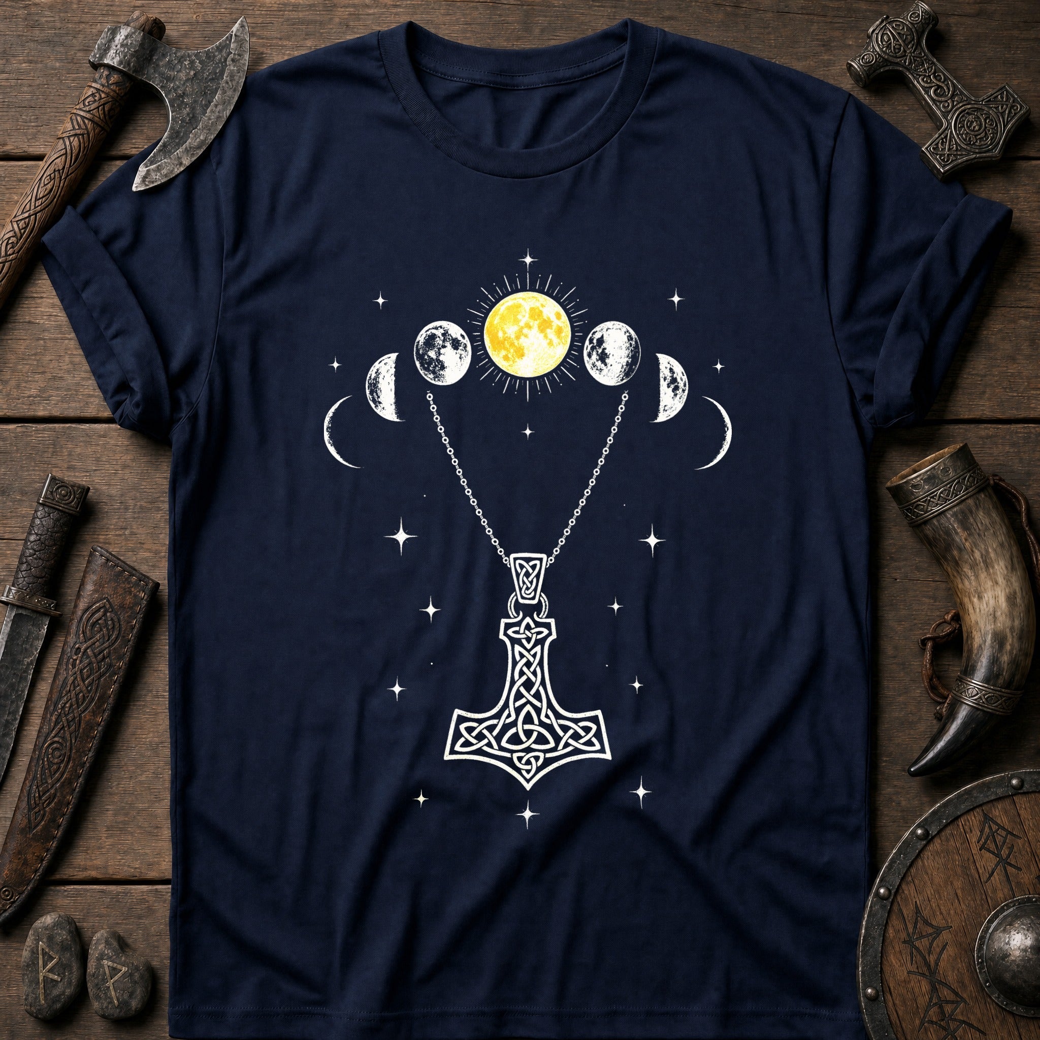 Moon Phases Over Mjolnir Viking T-Shirt US