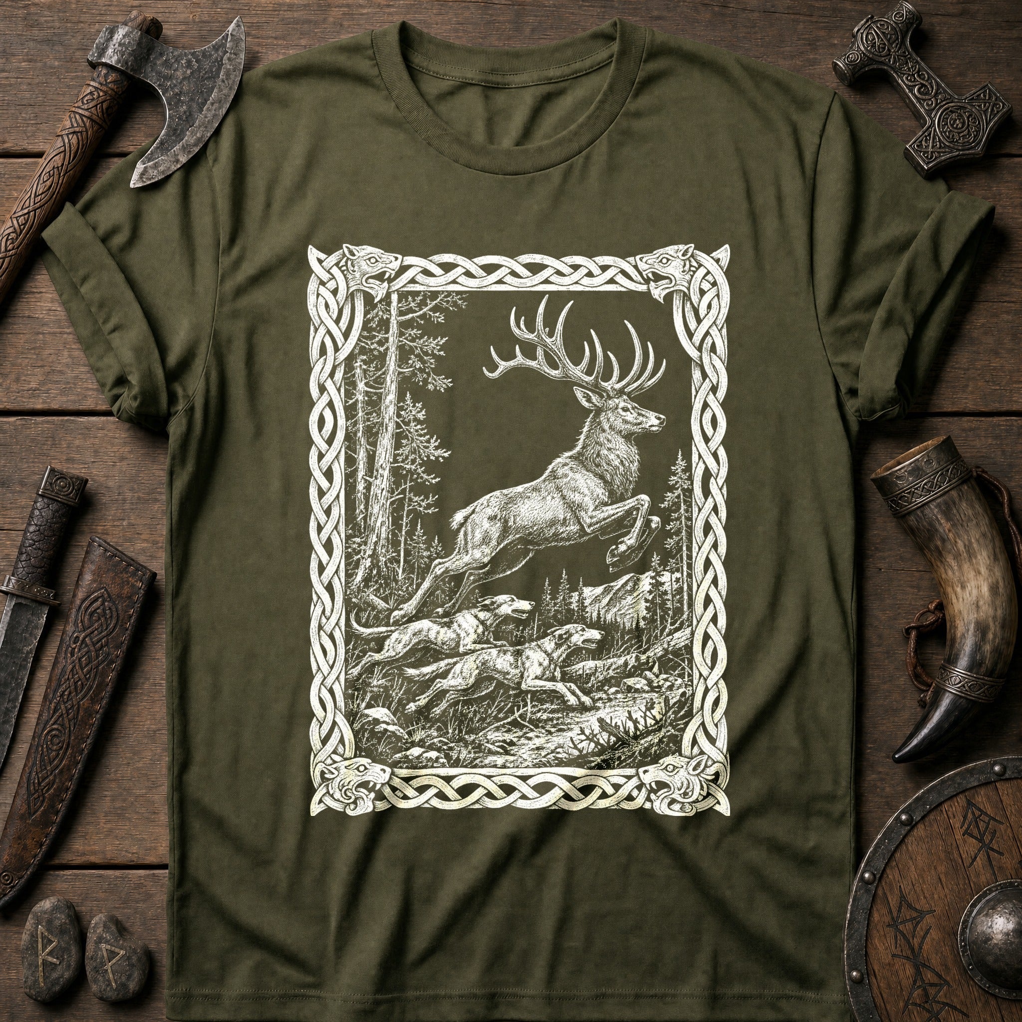 Knotwork Frame Stag Hunt Viking T-Shirt US