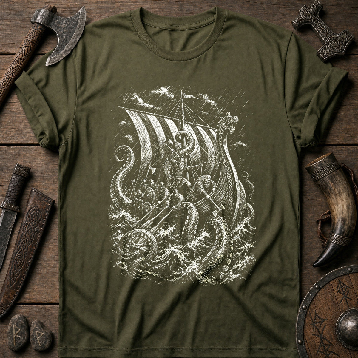 Kraken Takes The Longship Viking T-Shirt US