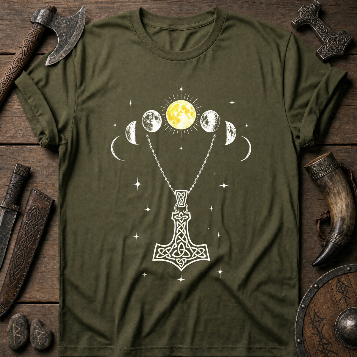 Moon Phases Over Mjolnir Viking T-Shirt US