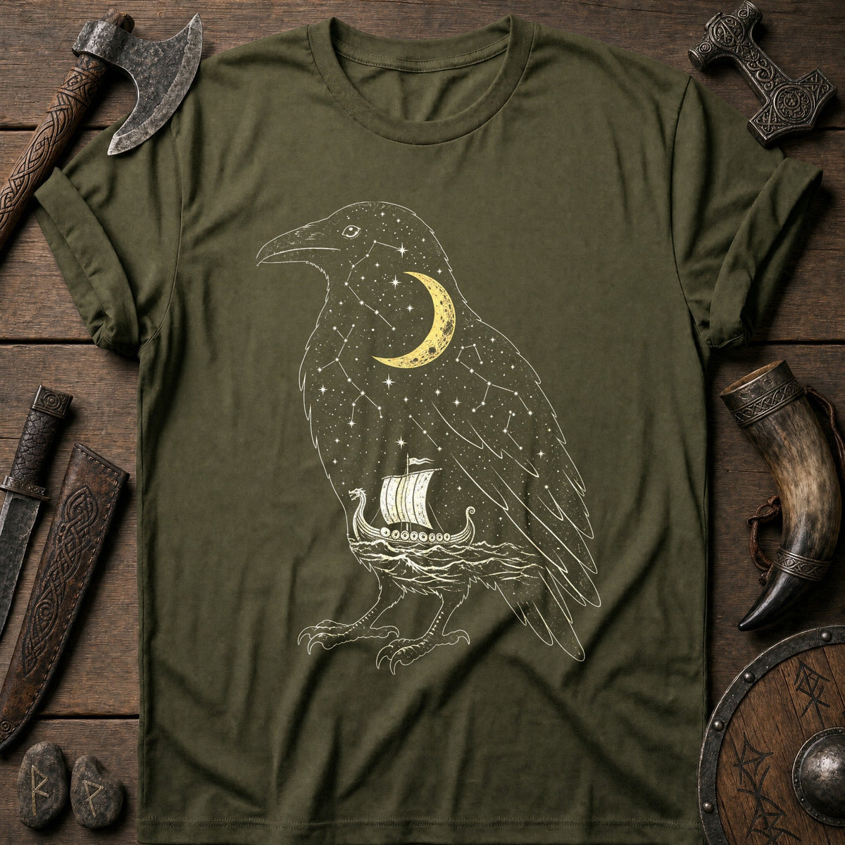 Raven Filled With Night Sky Viking T-Shirt US