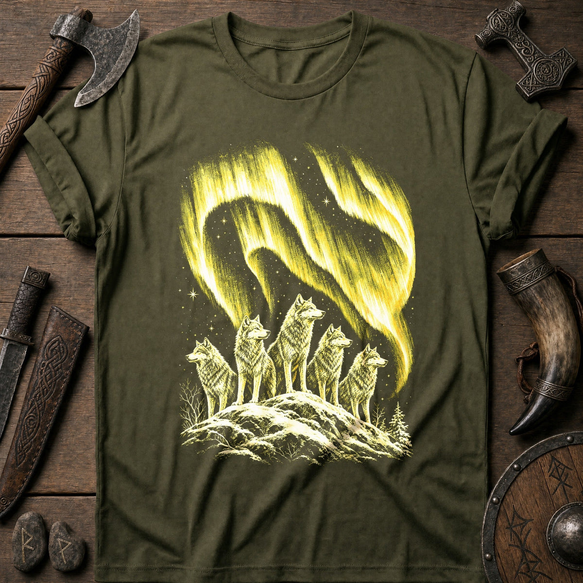 Wolfpack Under Amber Aurora Viking T-Shirt US