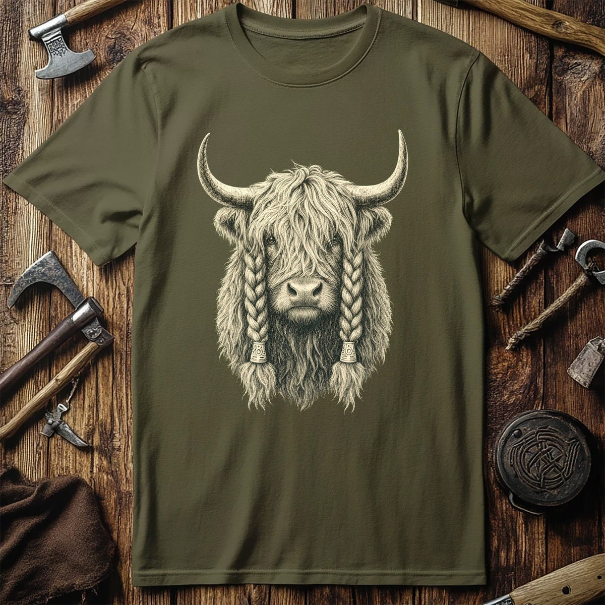 Highland Cow War Braids Viking T-Shirt US