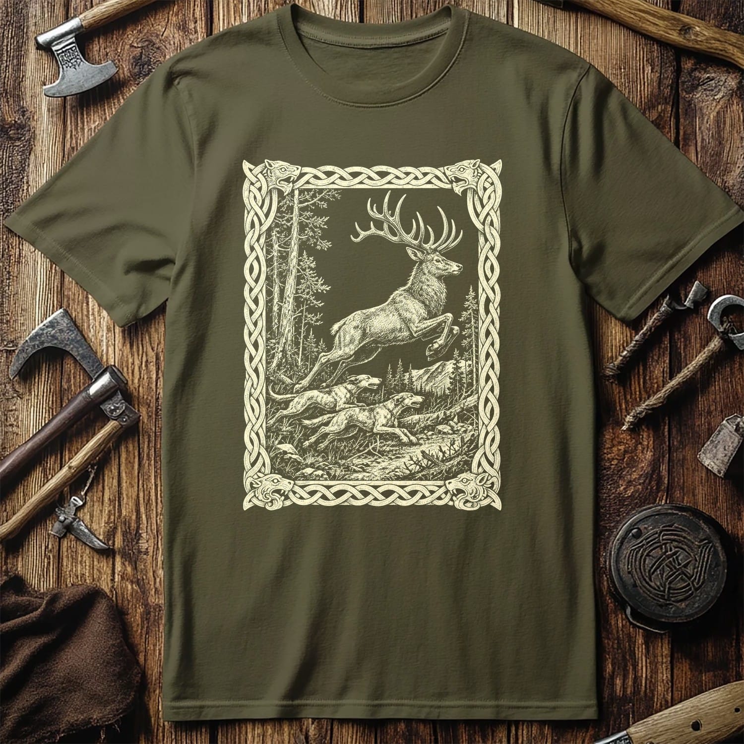 Knotwork Frame Stag Hunt Viking T-Shirt EU