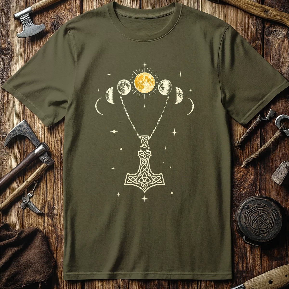 Moon Phases Over Mjolnir Viking T-Shirt US