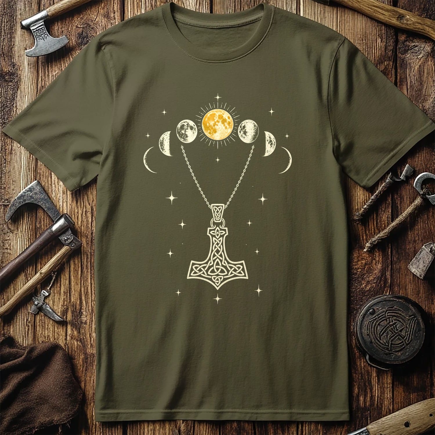 Moon Phases Over Mjolnir Viking T-Shirt EU