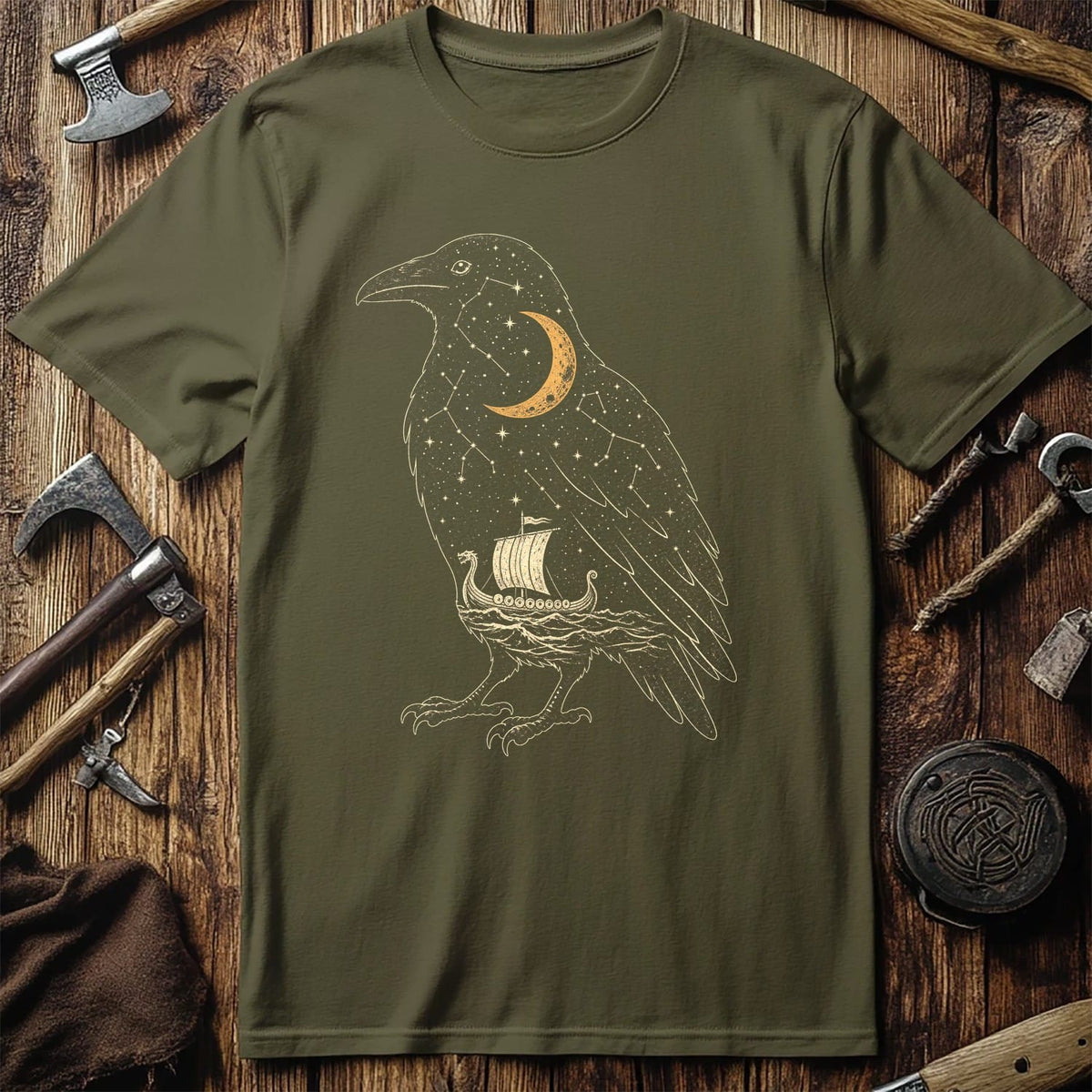 Raven Filled With Night Sky Viking T-Shirt EU