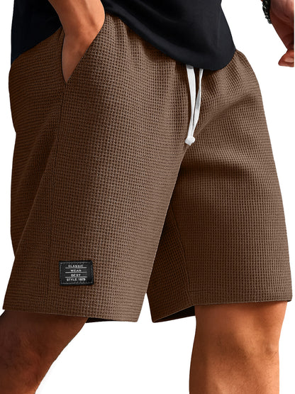 Men's Waffle Texture Embroidered Logo Casual Solid Color Shorts