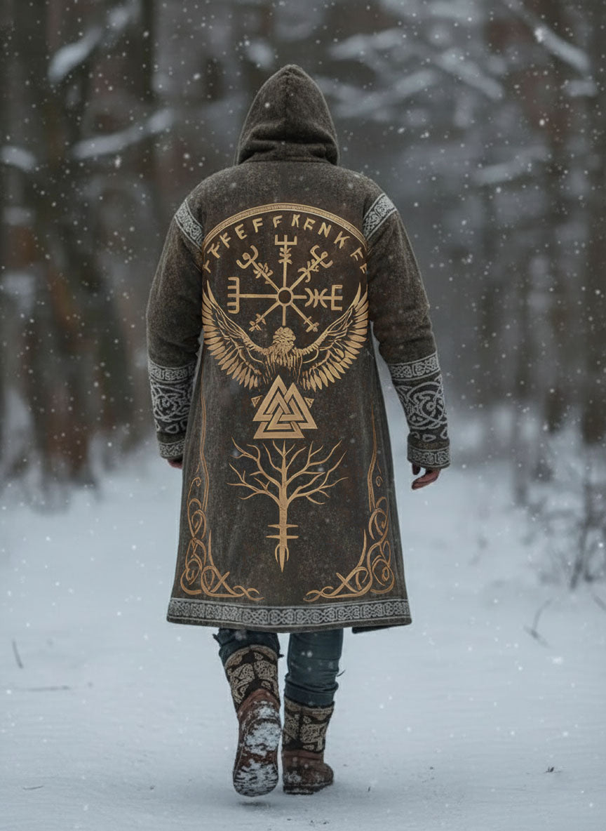 Viking-Style Totem Rune Printed Hooded Jacket