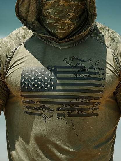 Men's Outdoor Sun Protection Breathable Cool Face Mask Hooded Printed Long-Sleeved Top