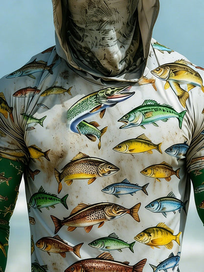 Men's Outdoor Sun Protection Breathable Cool Face Mask Hooded Printed Long-Sleeved Top