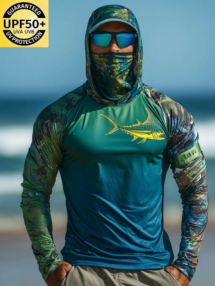Men's Outdoor Sun Protection Breathable Cool Face Mask Hooded Printed Long-Sleeved Top