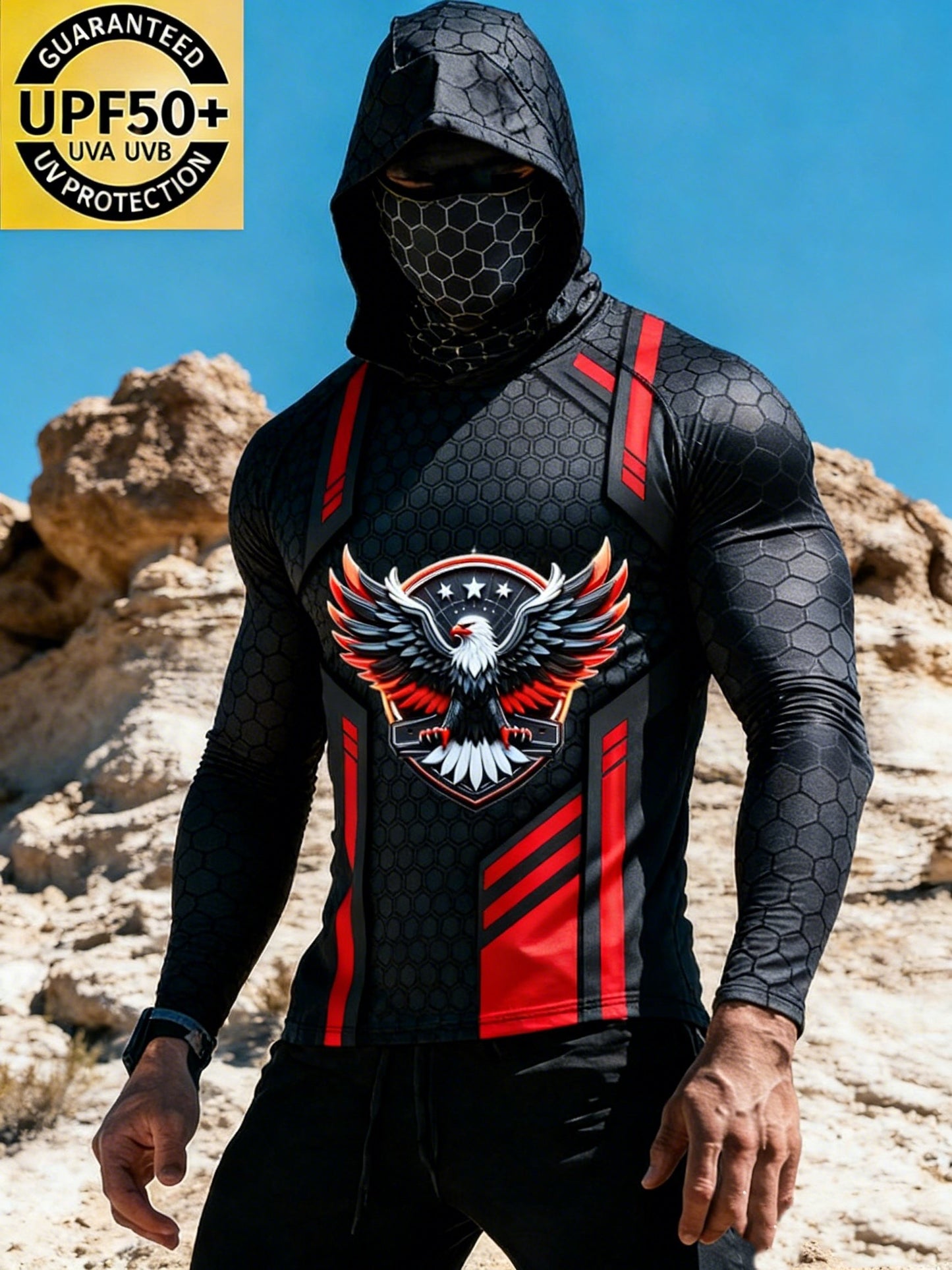 Men's Black Hex Red Eagle Sun Protection Print Top