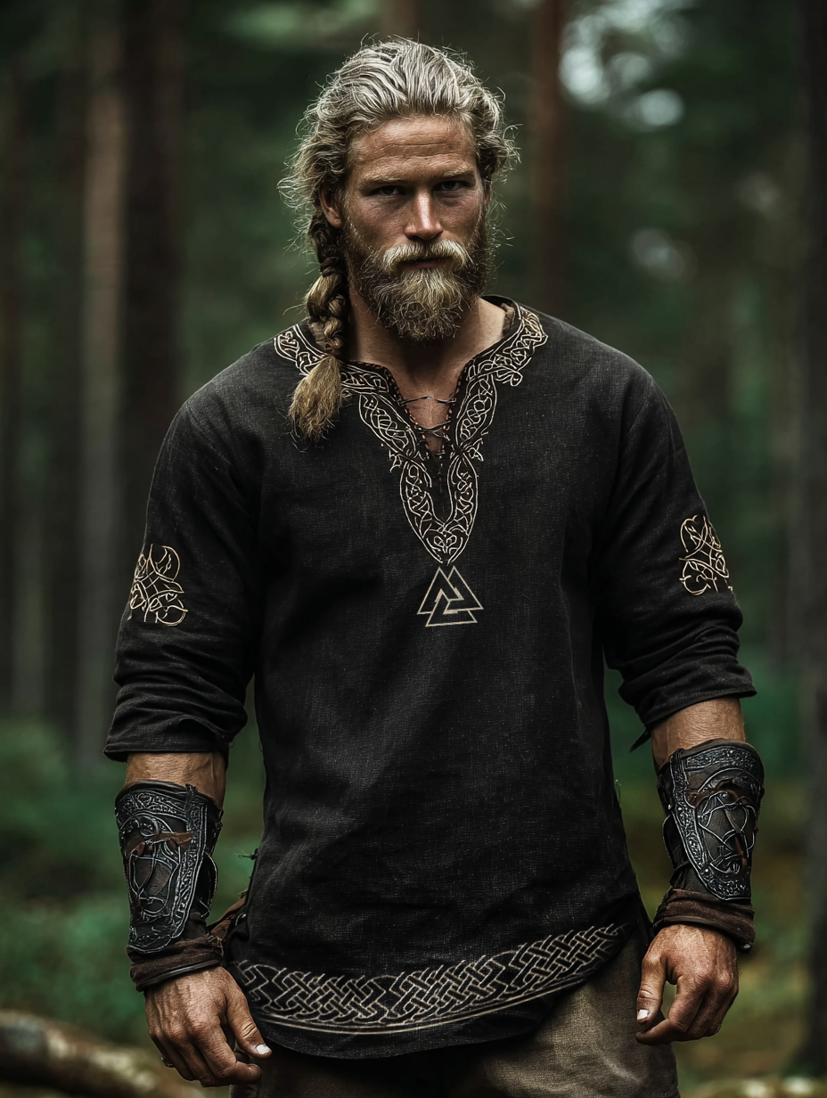Men's Viking Style Vintage Golden Rune Totem Long-Sleeve Linen T-shirt