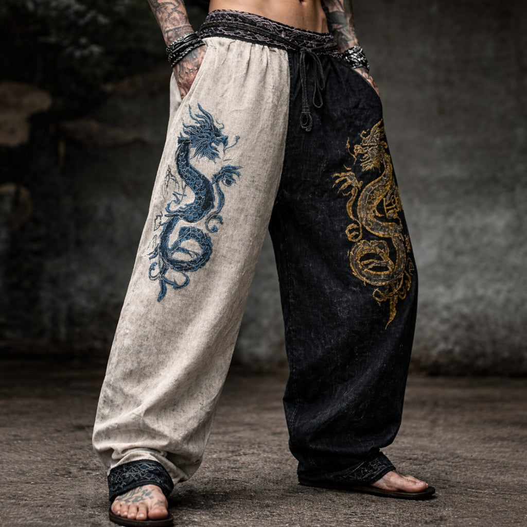 Men's minimalist printed cotton-linen long pants