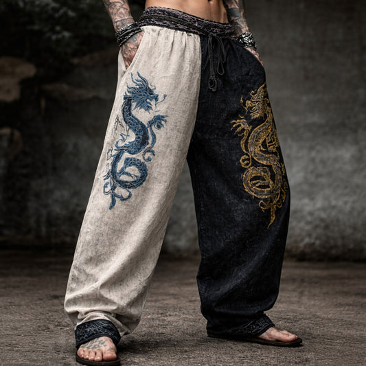Men's minimalist printed cotton-linen long pants