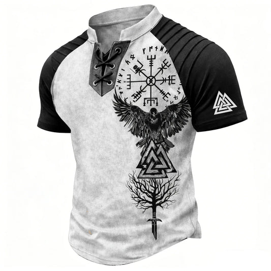 Men's Norse Viking Graphic Henley T-Shirt - Laced V-Neck Raglan Short Sleeve Black White