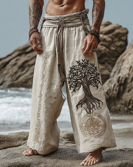 Men's Viking Retro Nordic Tree Of Life Compass Totem Linen Pants
