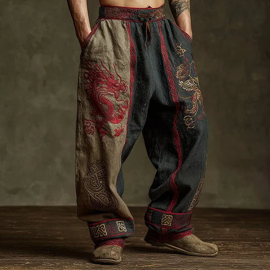 Men's Two-Tone Dragon Graphic Print Pants - Vintage Loose Fit Tribal Drawstring Trousers
