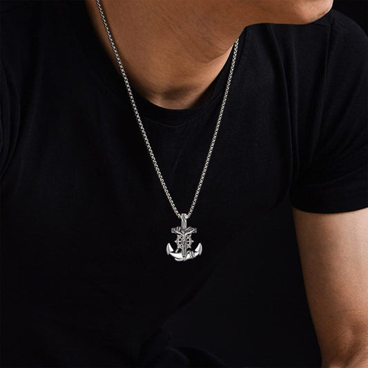 Sterling Silver Anchor & Jesus Pendant Necklace for Men