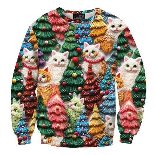 Unisex Christmas Tree And Cat Print Ugly Christmas Sweater