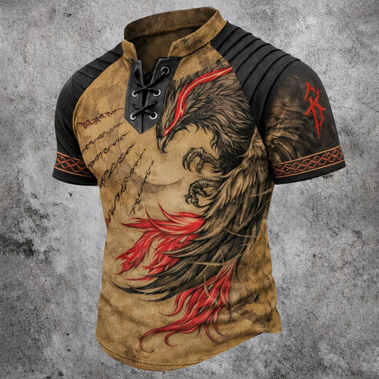 Men's Vintage Phoenix Graphic Lace-Up T-Shirt - Stand Collar Short Sleeve Top