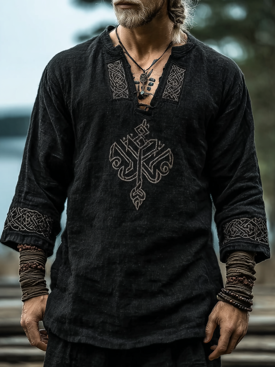 Men's Viking Occult Style Vintage Long-Sleeve Linen T-shirt