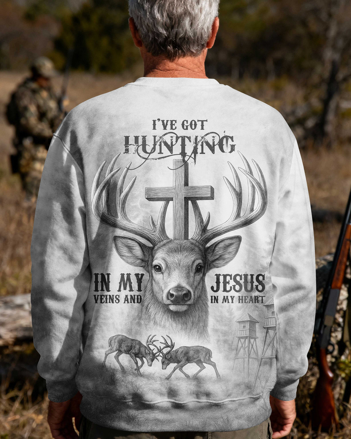 I've Got Hunting In My Veins And Jesus In My Heart All Over Print Grey T-Shirt
