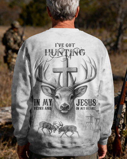 I've Got Hunting In My Veins And Jesus In My Heart All Over Print Grey T-Shirt