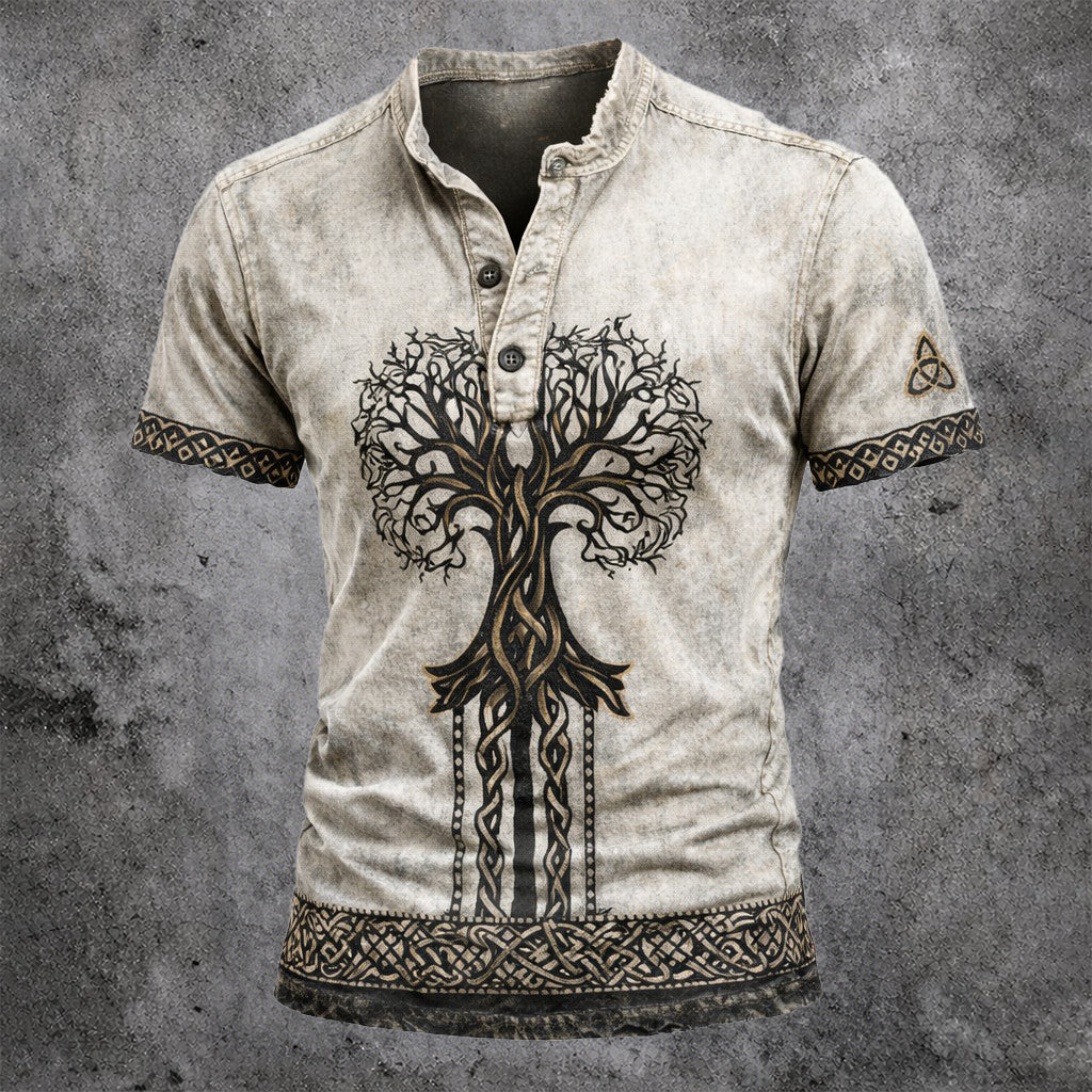 Men's Short Sleeve Henley Shirt - Yggdrasil Celtic Graphic Vintage Casual Top