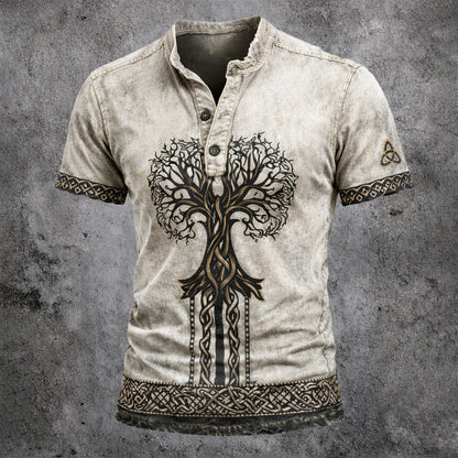 Men's Short Sleeve Henley Shirt - Yggdrasil Celtic Graphic Vintage Casual Top