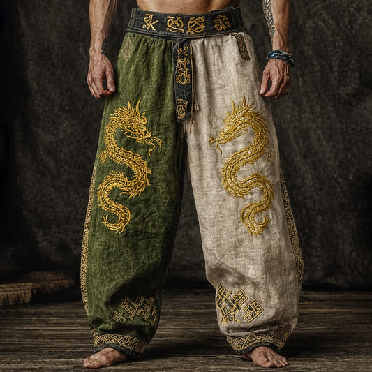 Men's Two-Tone linen Pants - Mythical Beast Print Split Leg Tribal Trousers