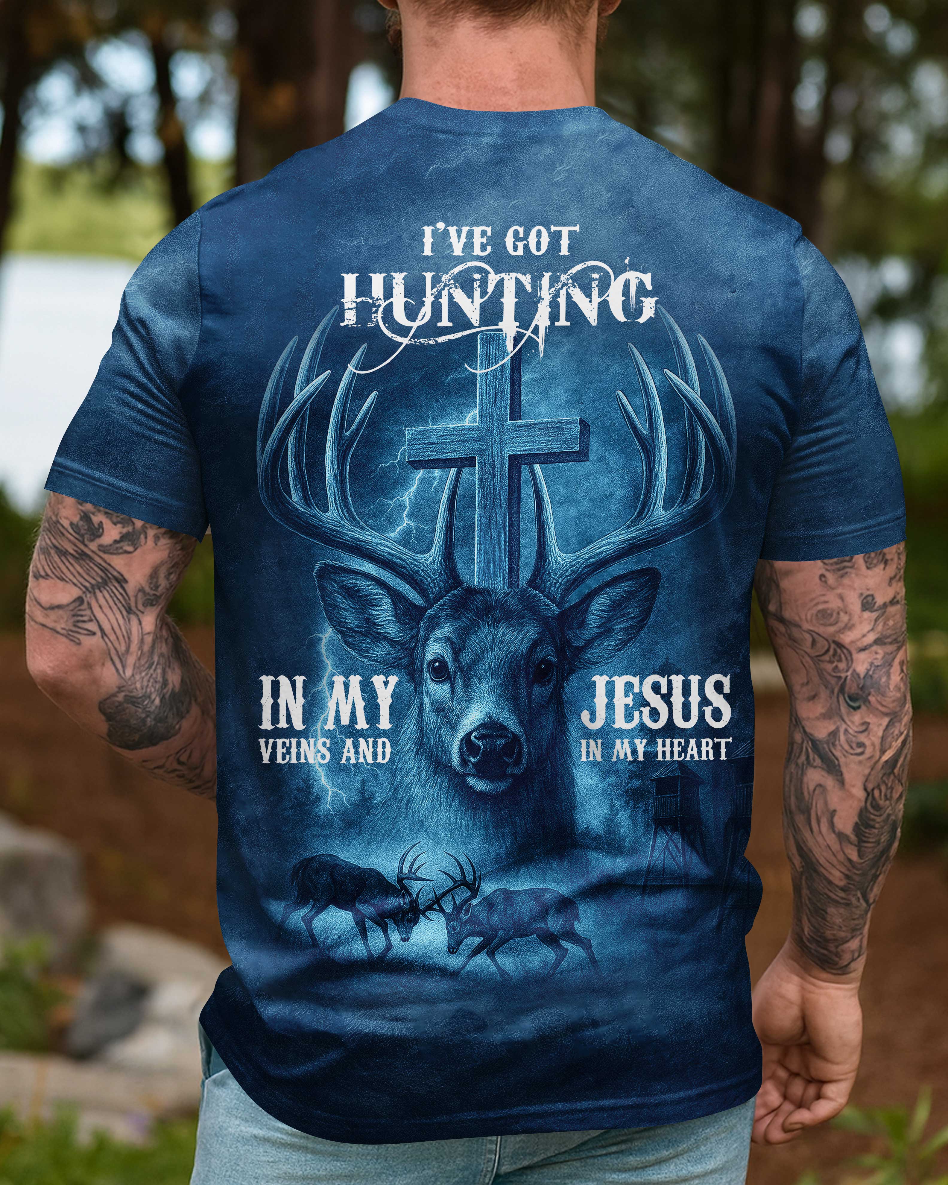 I've Got Hunting In My Veins And Jesus In My Heart Blue T-Shirt