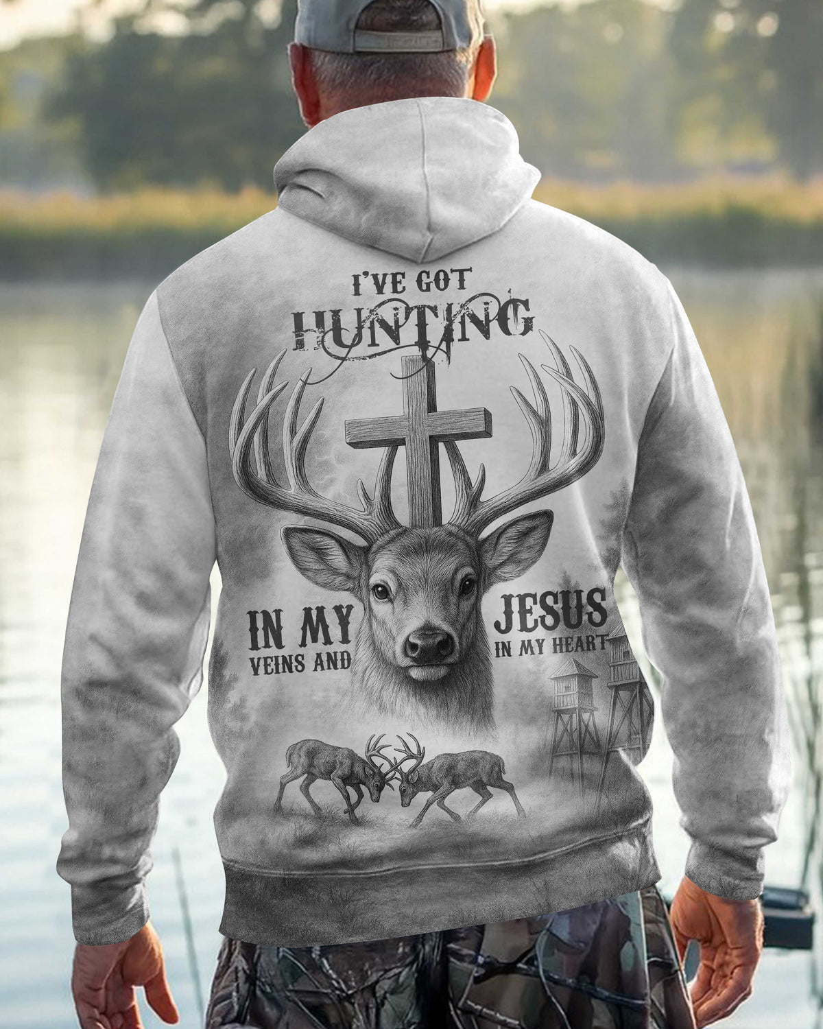 I've Got Hunting In My Veins And Jesus In My Heart All Over Print Grey T-Shirt