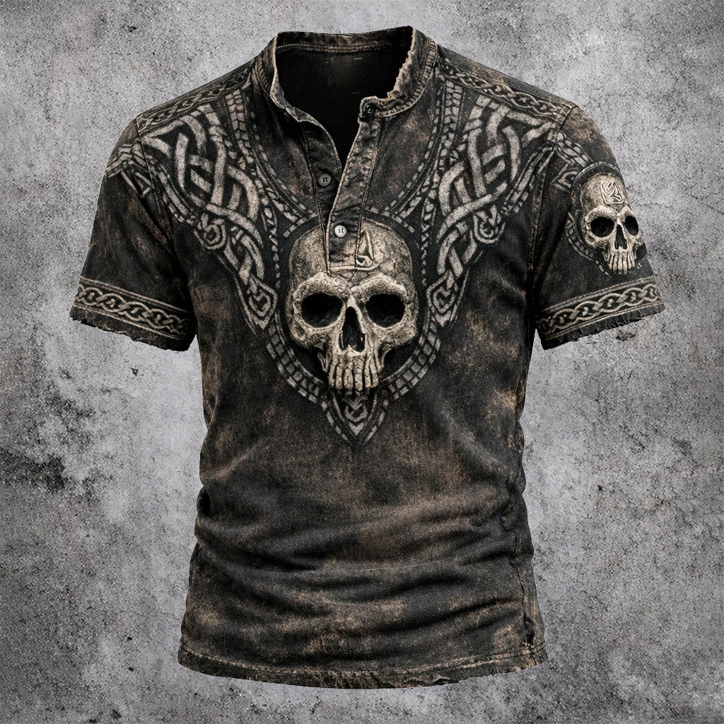Men's 3D Skull Celtic Knot Henley Shirt - Distressed Washed Grunge Short Sleeve Top