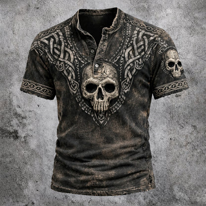 Men's 3D Skull Celtic Knot Henley Shirt - Distressed Washed Grunge Short Sleeve Top